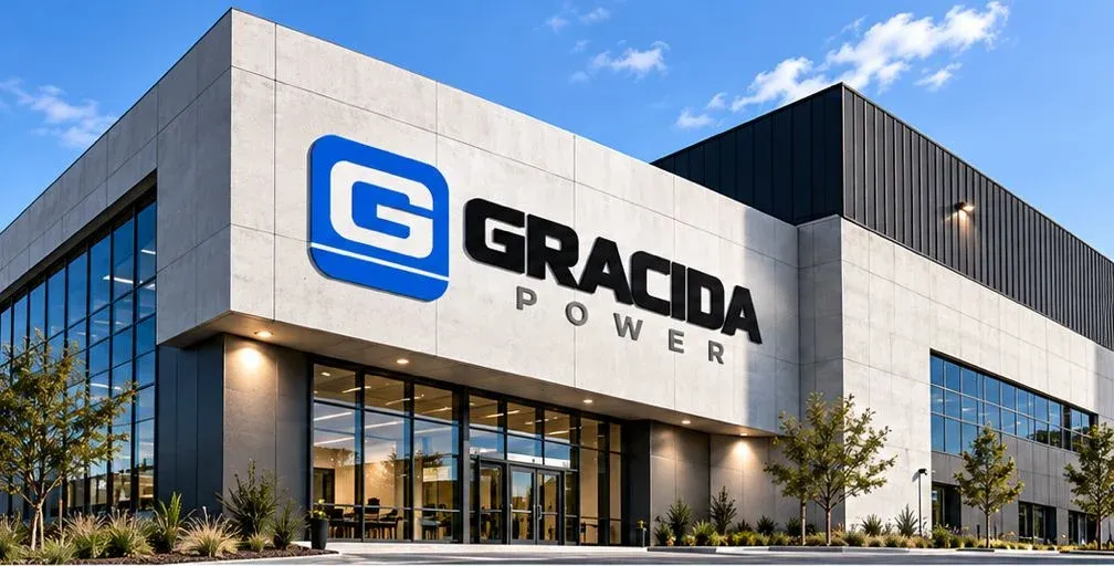 Render de una nave industrial con el logotipo de Gracida Power en la fachada